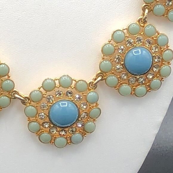 J. CREW Statement Bib Necklace Aqua Mint Green Crystal Cabs Gold Tone Medallions - Picture 3 of 9